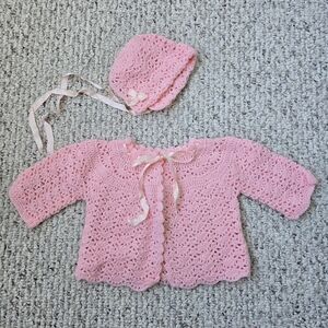 Handmade Crocheted Baby Sweater and Hat in Pink